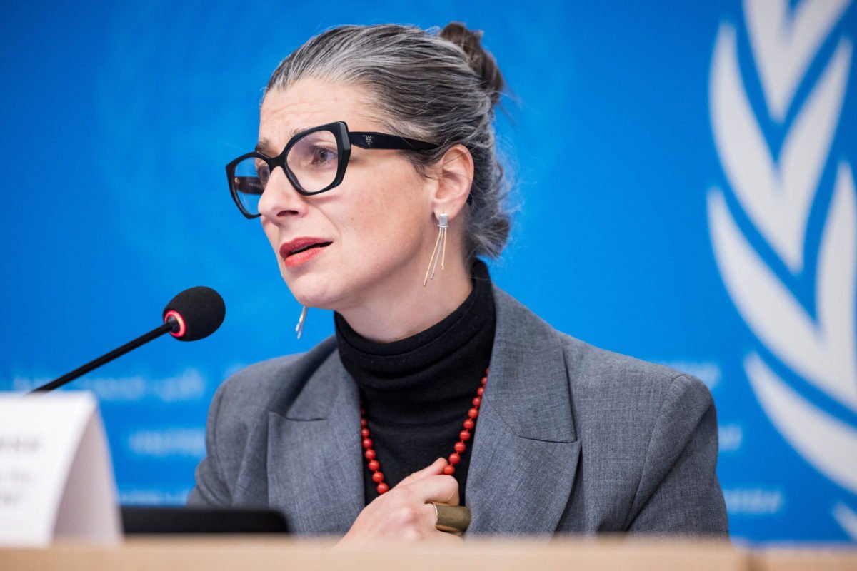 Francesca Albanese speaks during a press conference at the European headquarters of the UN in Geneva, December 11, 2024
