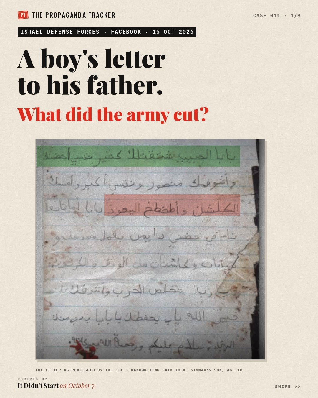 The handwritten Arabic letter as published by the IDF, with the line about missing his father highlighted in green and the shooting line in red.