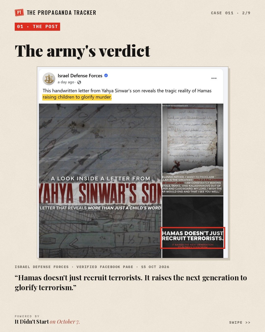 The IDF's Facebook post: caption about Hamas raising children to glorify murder, and its three slides.