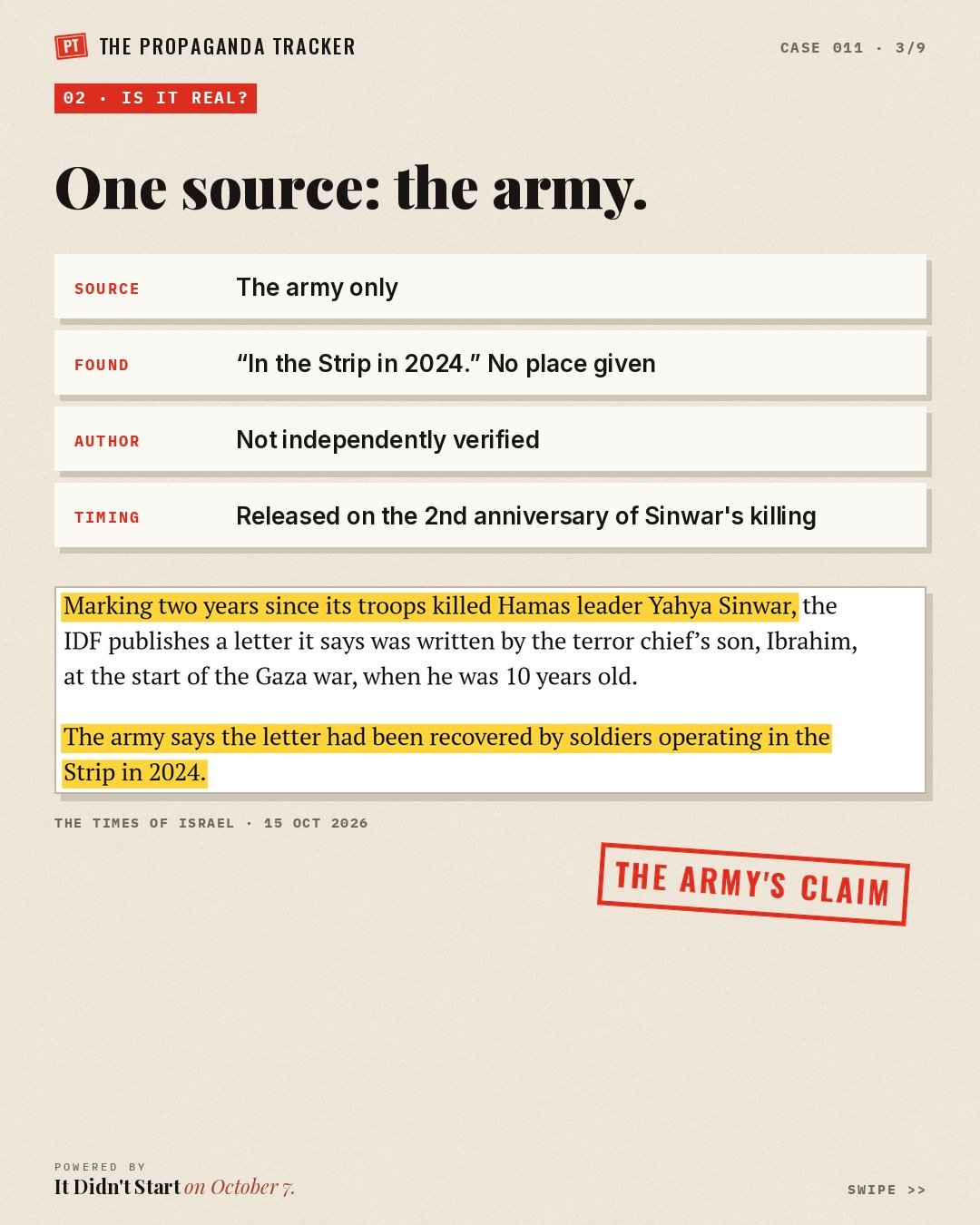 Every detail of the letter's origin is attributed to the army, per The Times of Israel.