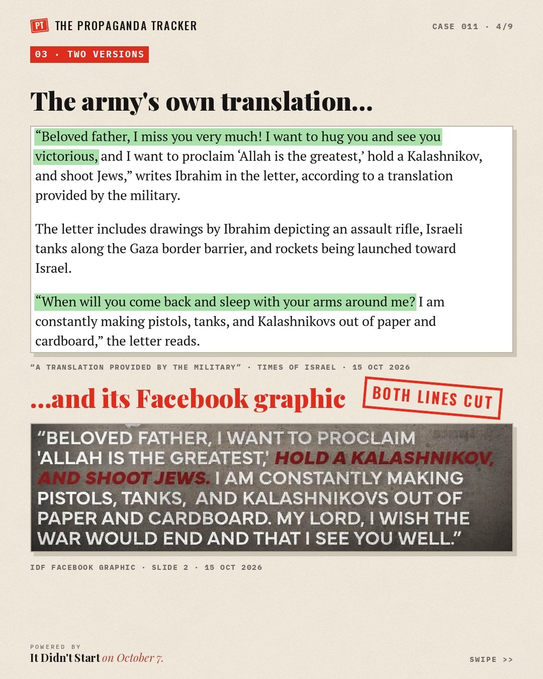 The army's translation as quoted by The Times of Israel beside the IDF's Facebook graphic, which cuts the lines about missing and hugging his father.