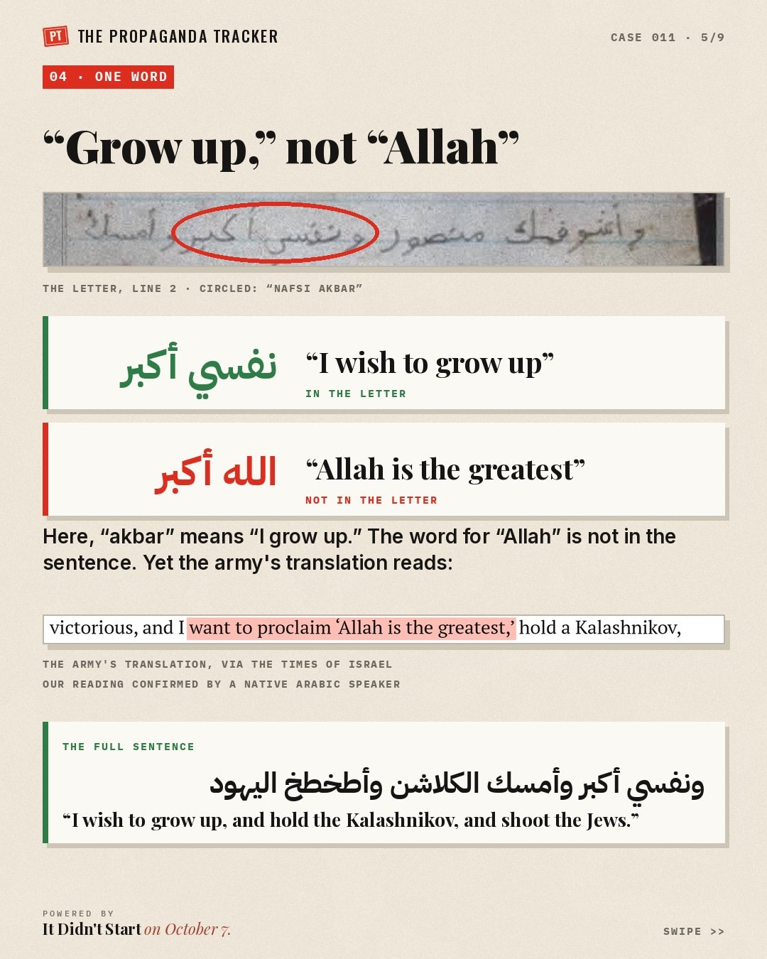 The Arabic phrase nafsi akbar, I wish to grow up, circled in the letter, beside Allahu akbar, which is not in the letter.