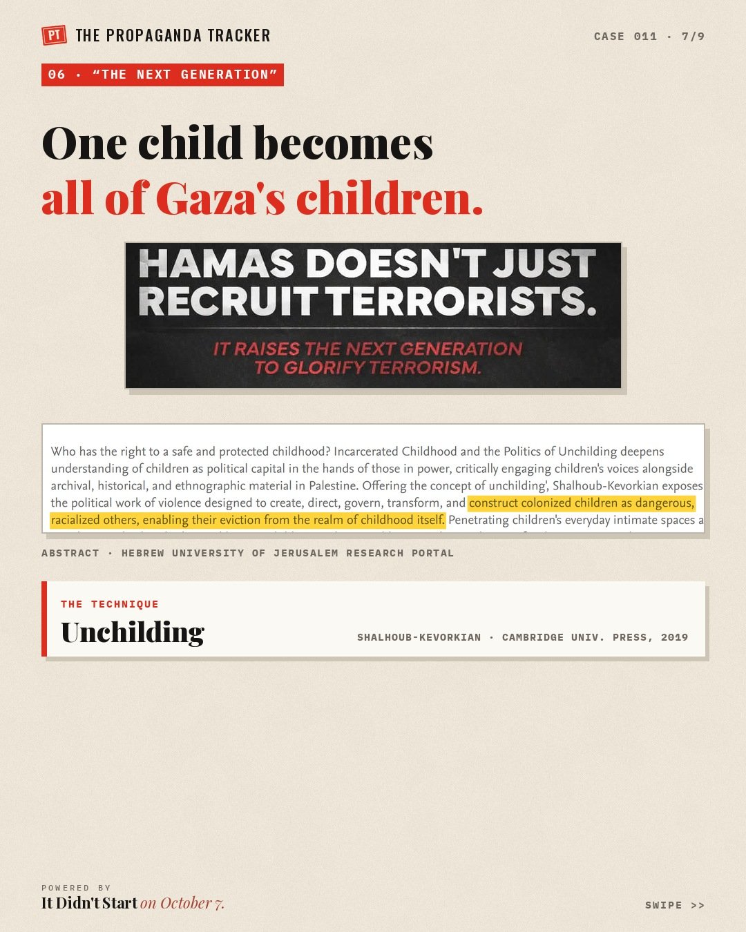 The IDF slide 'Hamas doesn't just recruit terrorists' beside the abstract of Shalhoub-Kevorkian's book on unchilding.