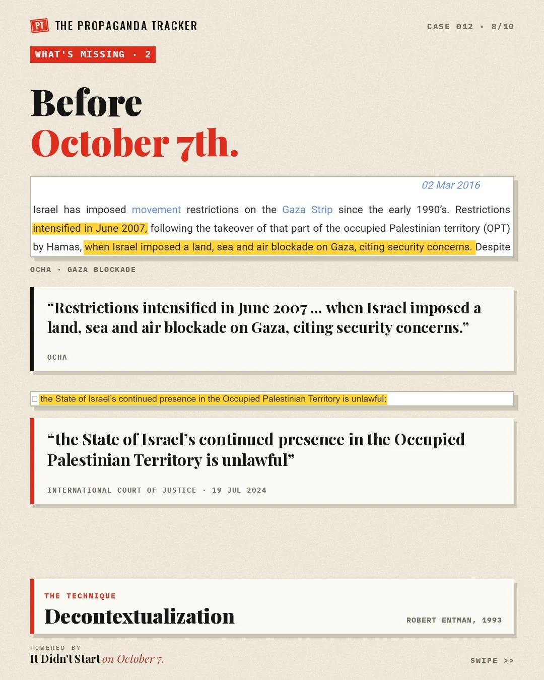 OCHA on the Gaza blockade since 2007 and the ICJ advisory opinion on the occupation