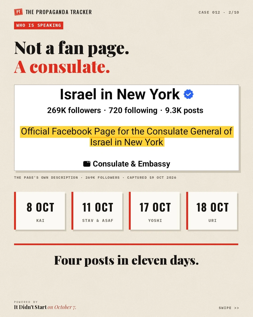 The Israel in New York Facebook page, official page of the Israeli consulate, with four posts from 8 to 18 October 2026