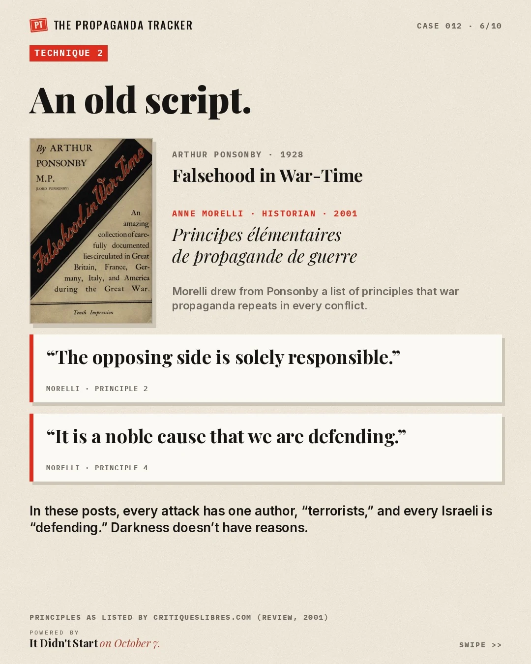 Principles of war propaganda by Anne Morelli, after Arthur Ponsonby’s Falsehood in War-Time (1928)