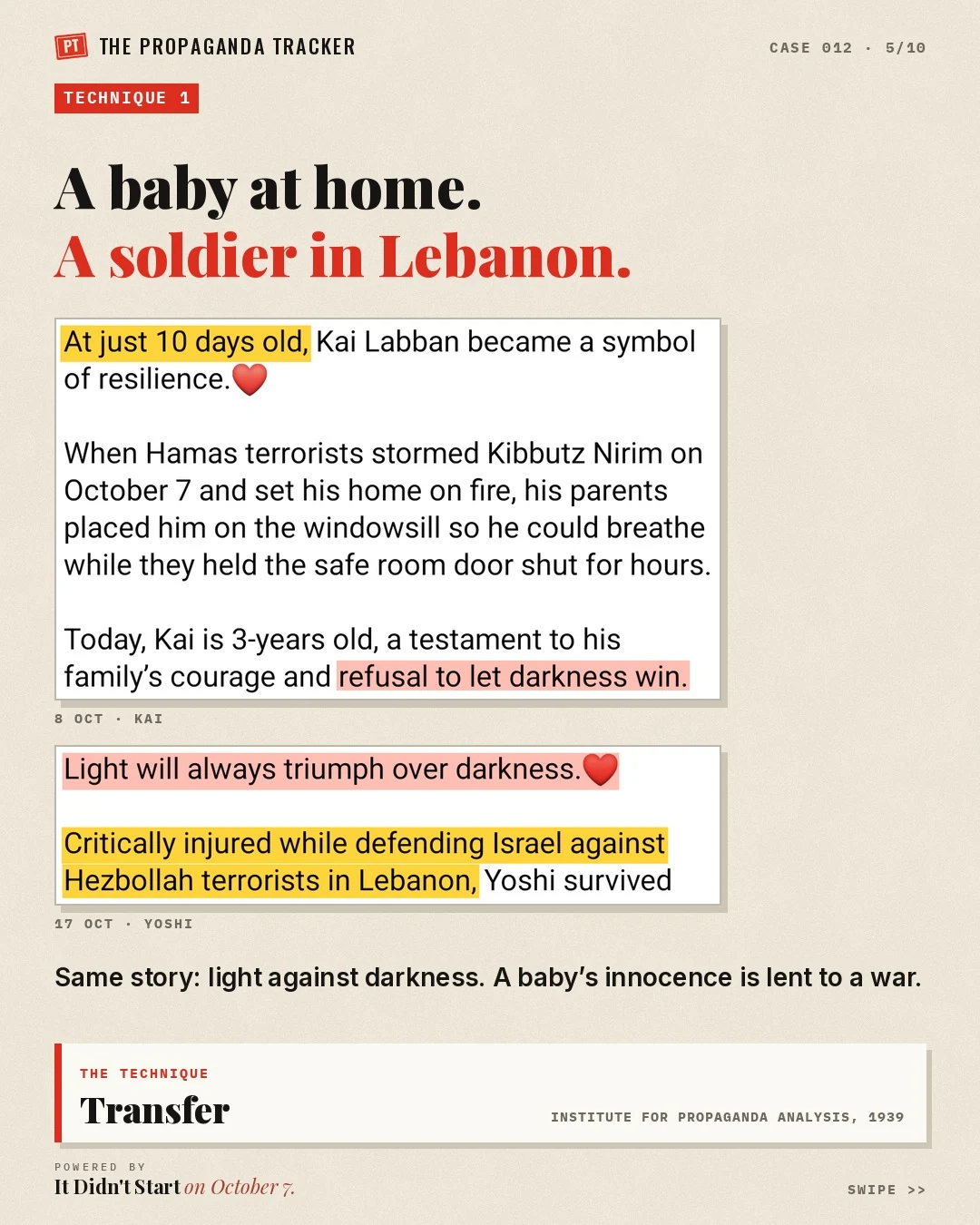 Transfer propaganda technique: a baby in Kibbutz Nirim and a soldier in Lebanon framed in the same words