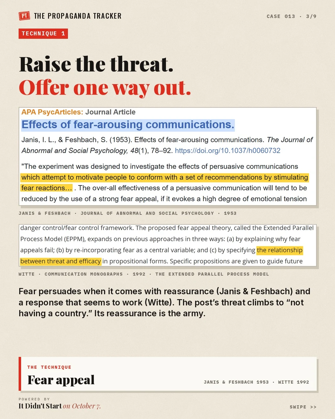 Fear appeal research: Janis and Feshbach 1953 and Witte's extended parallel process model 1992
