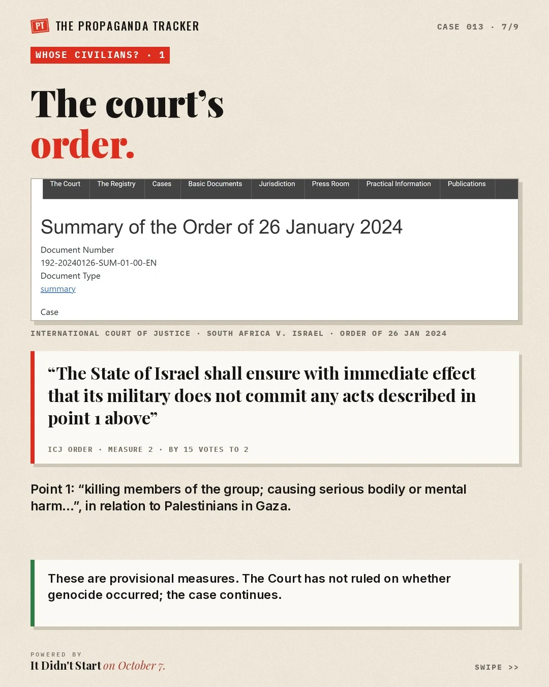 ICJ order of 26 January 2024 in South Africa v. Israel: Israel shall ensure its military does not commit acts under the Genocide Convention