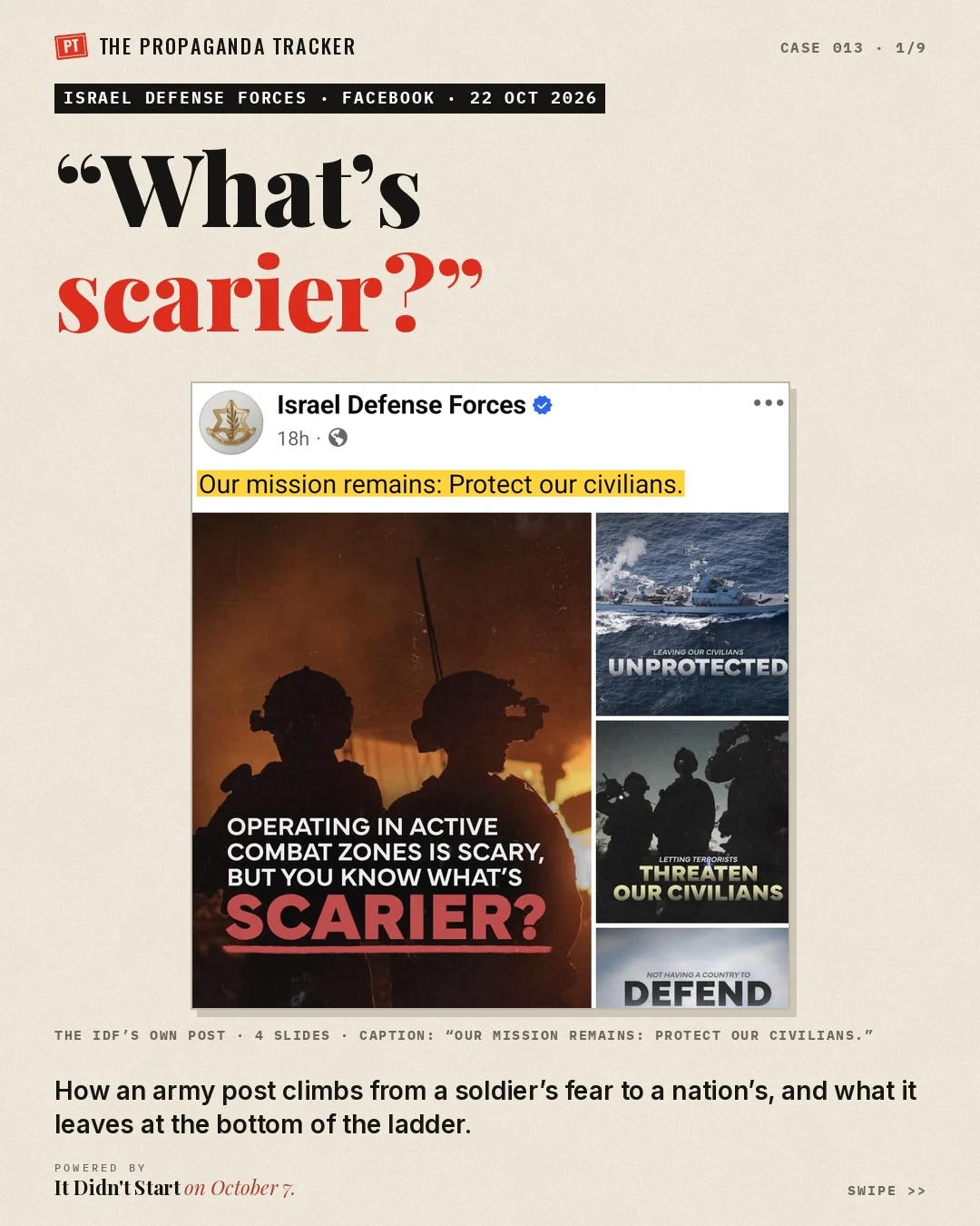 IDF Facebook post asking “What’s scarier?”, an example of fear appeal propaganda, with the caption “Our mission remains: Protect our civilians”
