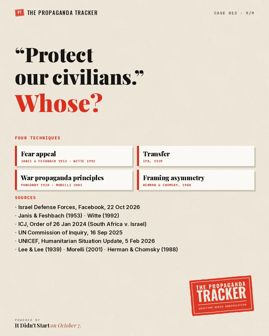 Protect our civilians. Whose? Four techniques of fear appeal propaganda and their sources
