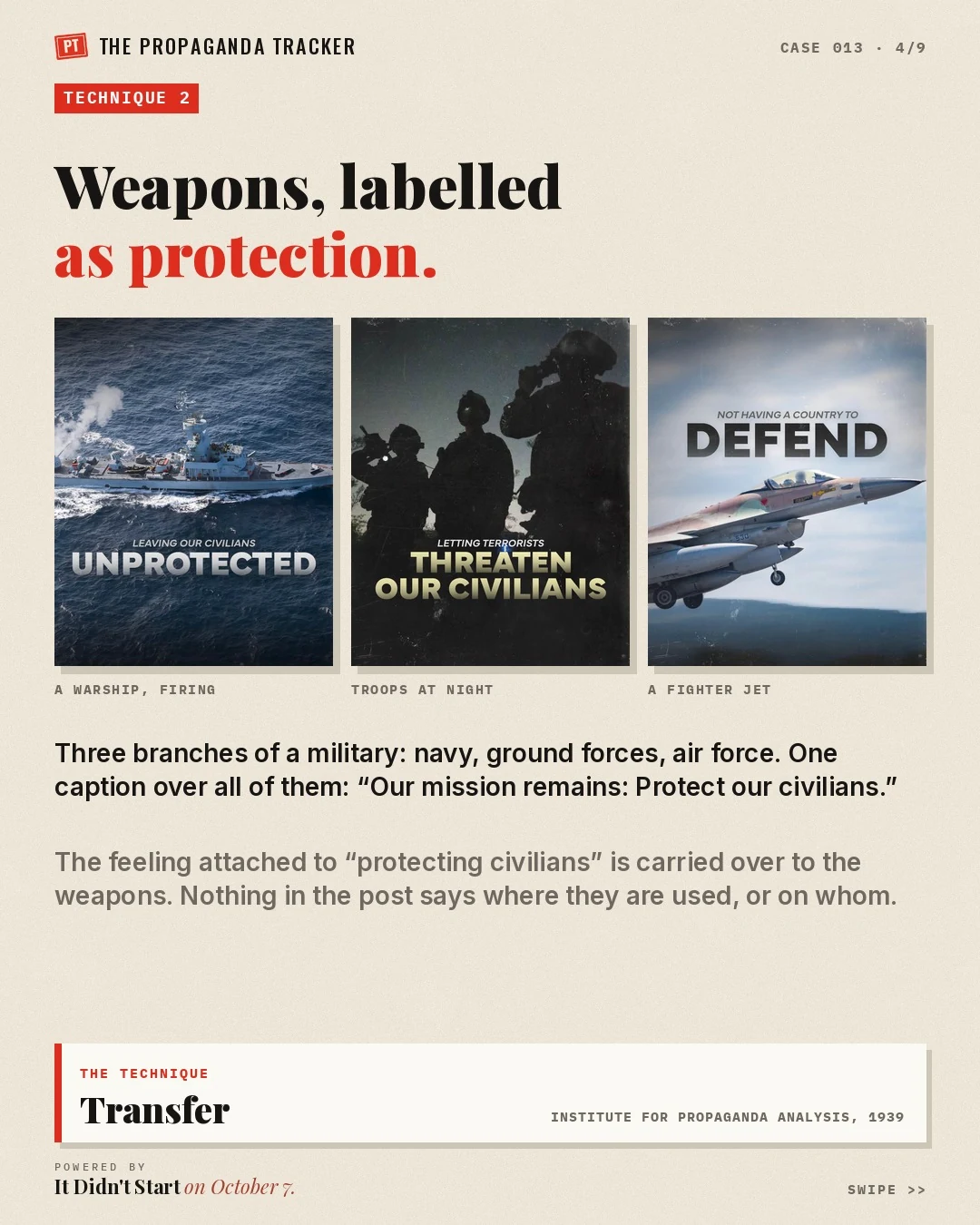 Transfer propaganda technique: a warship, troops and a fighter jet labelled as protection in an IDF post