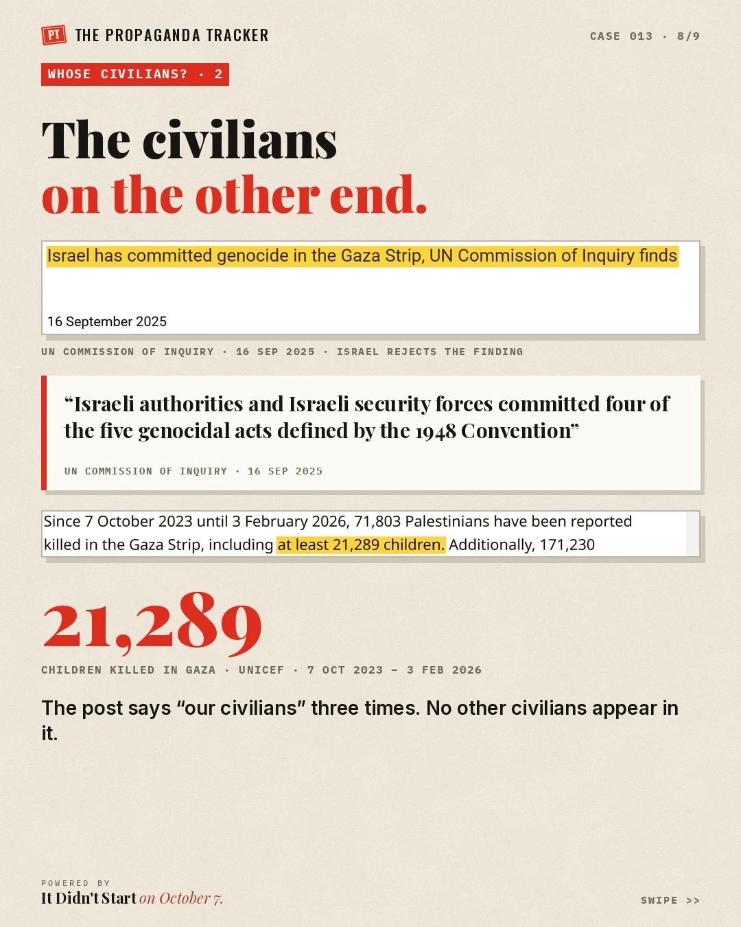 UN Commission of Inquiry 2025 finding and UNICEF: at least 21,289 children killed in Gaza, absent from the IDF post